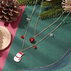 Christmat Bell & Snowman Alloy Red Enamel Pendant Necklaces&nbsp;NJEW-JN05115