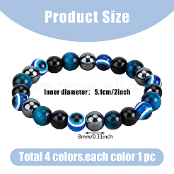 4Pcs 4 Colors Evil Eye Dyed Natural Tiger Eye & Black Agate Round Beaded Stretch Bracelets Set&nbsp;BJEW-FI0001-44