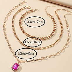 3Pcs Elegant Alloy Fuchsia Rhinestone Rectangle Pendant 3 Layer Necklaces Sets&nbsp;QV2693-1