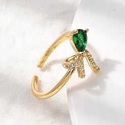 Brass with Green Glass Cuff Rings&nbsp;RJEW-P173-01G-03