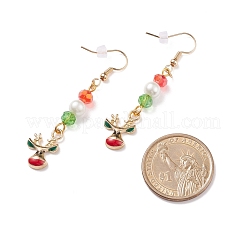 Enamel Reindeer Charm with Glass Pearl Dangle Earrings&nbsp;EJEW-JE04961-02