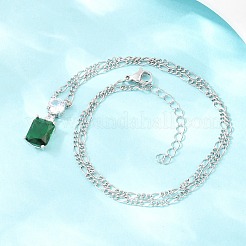 Brass Pave Clear Cubic Zirconia & Green Glass Perfume Bottle Pendant Figaro Chain Necklaces for Women&nbsp;NJEW-F364-02P