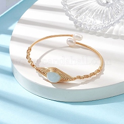 Natural Aquamarine & Pearl Cuff Bangle&nbsp;BJEW-JB10119-01