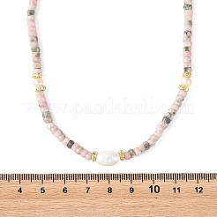 Natural Rhodonite Faceted Rondelle Beaded Necklaces with Natural Pearl Rice Beads&nbsp;NJEW-JN06529