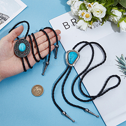 2Pcs 2 Styles Alloy & Synthetic Turquoise Oval Triangle Pendant Boho Tie Lariat Necklaces&nbsp;NJEW-GF0001-18