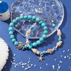 2Pcs 2 Style Synthetic Turquoise & Glass & Shell Stretch Bracelets with Tortoise&nbsp;BJEW-JB10091-02