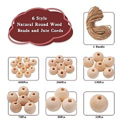 6 Style Natural Round Wood Beads and Jute Cords&nbsp;WOOD-YW0001-02