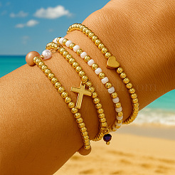 4Pcs Bohemian Beach Heart Round Brass Beaded Stretch Bracelet Sets&nbsp;ZQ1331-1