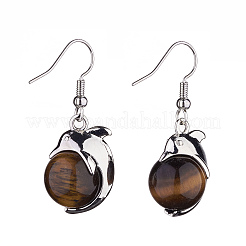 Natural Tiger Eye Dolphin Dangle Earrings with Crystal Rhinestone&nbsp;EJEW-A092-20P-17