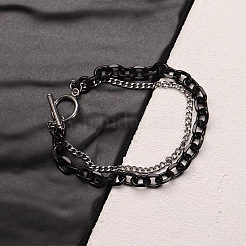 Two Tone 201 Stainless Steel Curb Chain & Cable Chain Double Layers Bracelets for Women Men&nbsp;FS-WGC755C-03