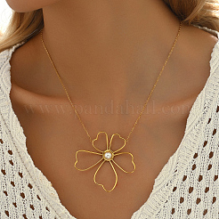 Elegant Stainless Steel & Imitation Pearl Hollow Flower Pendant Necklaces for Women&nbsp;TN2016-1