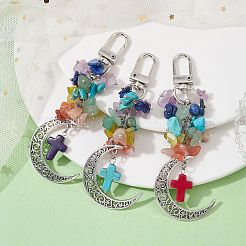 Natural & Synthetic Gemstone Chip & Cross Pendant Decoration&nbsp;HJEW-TA00086