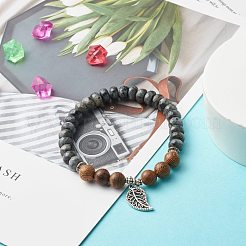 Reiki Natural Labradorite & Wenge Wood Beads Stretch Bracelet&nbsp;BJEW-JB06896-02