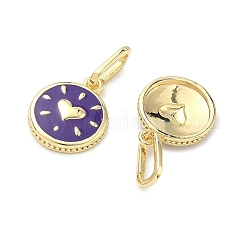 Flat Round with Heart Pattern Brass Enamel Pendant Decorations&nbsp;KK-G555-16G-01