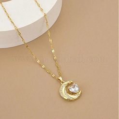 Moon & Heart 304 Stainless Steel Micro Pave Clear Cubic Zirconia Pendant Necklaces&nbsp;FS-WG967E3-01
