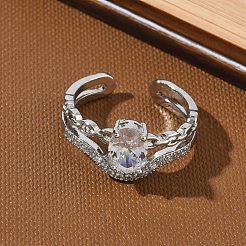 Brass Micro Pave Cubic Zirconia Cuff Open Rings for Women&nbsp;RJEW-C163-23P