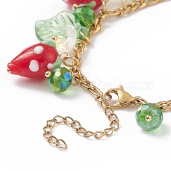 Plastic Imitation Pearl Flower & Acrylic Leaf & Lampwork Strawberry Charms Bracelet&nbsp;BJEW-TA00181