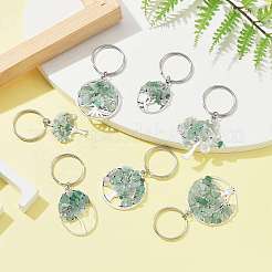 Natural Green Aventurine Chip & Alloy Tree of Life Pendant Keychain&nbsp;KEYC-JKC00648-02