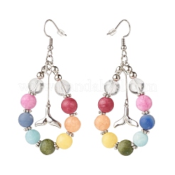 Natural Mixed Gemstone Braided Teardrop Dangle Earrings with Brass Whale Tail Charms&nbsp;EJEW-JE04951-02