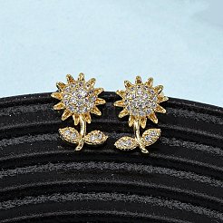 Brass Micro Pave Clear Cubic Zirconia Flower Stud Earrings&nbsp;EJEW-K267-33G