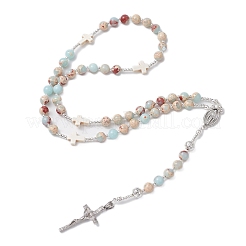 Gemstone Jesus Cross Pendant Rosary Bead Necklaces for Women&nbsp;NJEW-TA00177