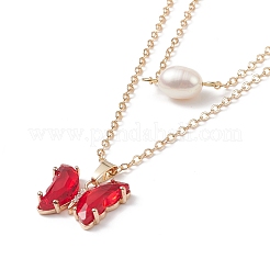4Pcs 4 Color Glass Butterfly & Natural Pearl Pendants Double Layer Necklaces Set with Clear Cubic Zirconia&nbsp;NJEW-TA00043