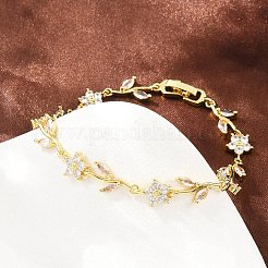 Brass Pave Cubic Zirconia Flower Link Chain Bracelets for Women&nbsp;KK-CBA68DA-14G-11