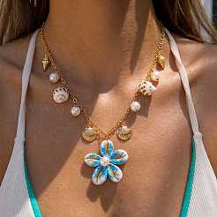 Summer Beach Alloy & Faux Pearl & Natural Cowrie Cluster Flower Pendant Necklaces for Women&nbsp;WG22E51-02