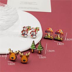 4 Pairs Snowman & Christmas Tree & Deer & Mushroom Printed Wood Stud Earrings&nbsp;EJEW-OY001-07