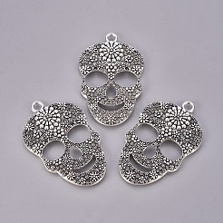 Day of the Dead Ornaments Sugar Skull Tibetan Style Alloy Big Pendants&nbsp;TIBEP-AD60364-AS-FF
