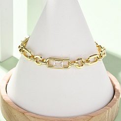 Ring & Paperclip Brass Micro Pave Cubic Zirconia Link Chain Bracelets for Women&nbsp;BJEW-D458-04G-02