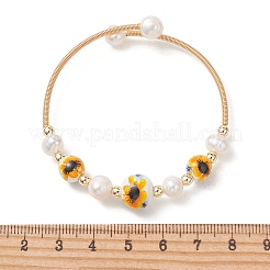 Handmade Porcelain & Natural Cultured Freshwater Pearl & Non-magnetic Synthetic Hematite Beaded Cuff Bangles for Women&nbsp;BJEW-JB14022-02