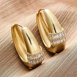 Oval Brass Micro Pave Clear Cubic Zirconia Hoop Earrings&nbsp;EJEW-G425-03G
