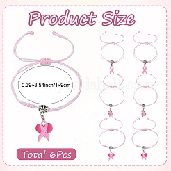 6Pcs 3 Styles Adjustable Alloy Enamel Pink Ribbon Charm Nylon Braided Bracelet Sets&nbsp;BJEW-YW00019