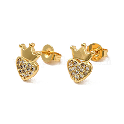 Rack Plating Brass Micro Pave Clear Cubic Zirconia Heart with Crown Ear Studs&nbsp;EJEW-F301-03
