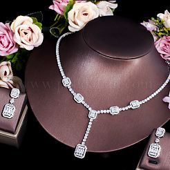 Rectangle Brass Micro Pave Clear Cubic Zirconia Pendant Necklaces & Stud Dangle Earrings Sets&nbsp;FS-WG06681-01