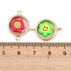 CCB Plastic Frame with Polymer Clay Smiling Face Flower Beads Flat Round Links Connector Charms&nbsp;KK-D103-10B-G