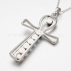 Platinum Plated Vintage Chakra Jewelry Brass Gemstone Cross Pendant Necklaces&nbsp;NJEW-JN01155-02