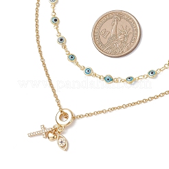 Brass Pave Clear Cubic Zirconia Cross Heart Evil Eye Pendant Handmade Evil Eye Lampwork 304 Stainless Steel Chain Double Layer Necklaces for Women&nbsp;NJEW-JN05398-02