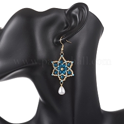 Dyed Natural Malaysia Jade & Glass Seed Beaded Flower with Teardrop Dangle Earrings&nbsp;EJEW-MZ00710-01