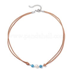 Synthetic Turquoise & Natural Pearl Round Beaded 2-Strand Cowhide Leather Cord Necklaces for Women&nbsp;NJEW-JN05828