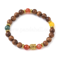 Natural Striped Agate & Wood Round Beads Stretch Bracelets for Men Women&nbsp;BJEW-JB12356-01