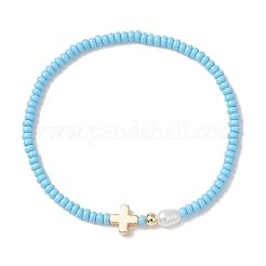7Pcs Glass Seed Bead Stretch Bracelets with Brass Cross & Imitation Pearl&nbsp;BJEW-MZ00299