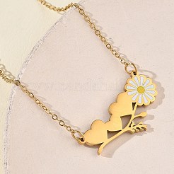 304 Stainless Steel Enamel White Daisy Flower and Heart Pendant Cable Chain Necklaces for Women&nbsp;NJEW-K309-01G