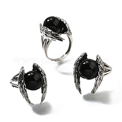Natural Obsidian Wings Adjustable Rings&nbsp;RJEW-K241-04AS-09