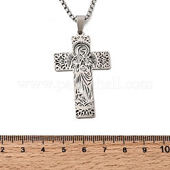 Religion 201 Stainless Steel Hollow Virgin Cross Pendant Necklaces for Men Women&nbsp;NJEW-Z118-01P