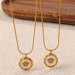 304 Stainless Steel with Natural White Shell Flat Round with Bee Pendant Necklaces for Women&nbsp;WG2F9FE-04