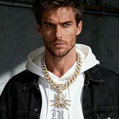 Alloy Full Crystal Rhinestone Halloween Spider Pendant Cuban Link Chain Necklaces for Men&nbsp;FS-WG4B1F3-01