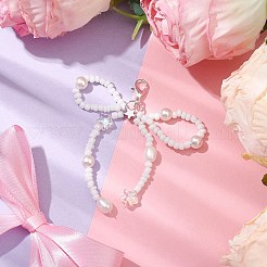 Bowknot Natural Cultured Freshwater Pearl & Glass Beaded Pendant Decoration&nbsp;HJEW-TA00231
