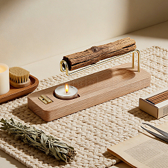 Rectangle Wood Tabletop Incense Stick Holder with Brass Stand&nbsp;AJEW-WH0481-797